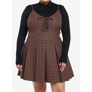 Social Collision Women Overall Dress XL Brown Plaid Lace Up Pleated Academia